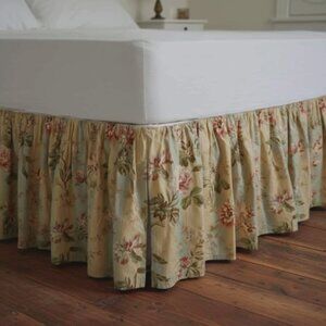 Vintage WAVERLY Twin Bed Skirt Floral Stripe Roses Split Corner Gold Pale Green
